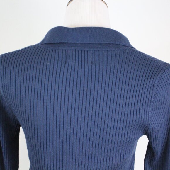 Olive & Oak Cropped Ribbed Cardigan Collared Blue Preppy Parisian Minimalist - Picture 6 of 12